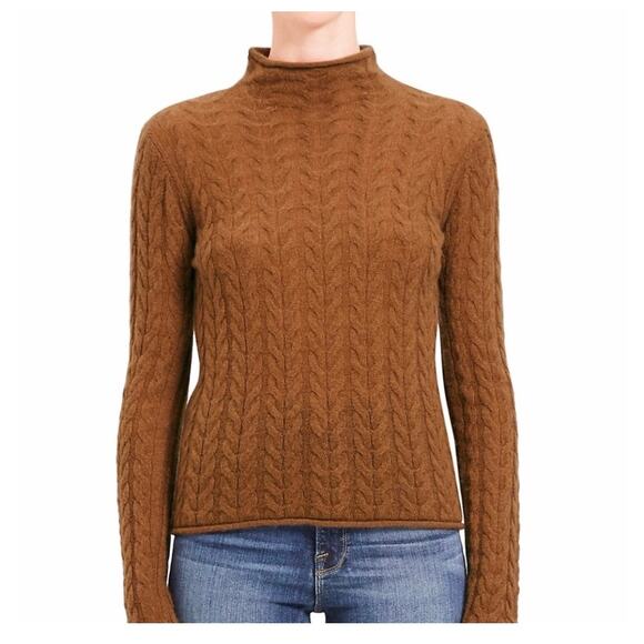 Theory Cable-Knit Mock Neck 100% Cashmere Sweater Size Medium Camel Tan Preppy - Picture 2 of 12